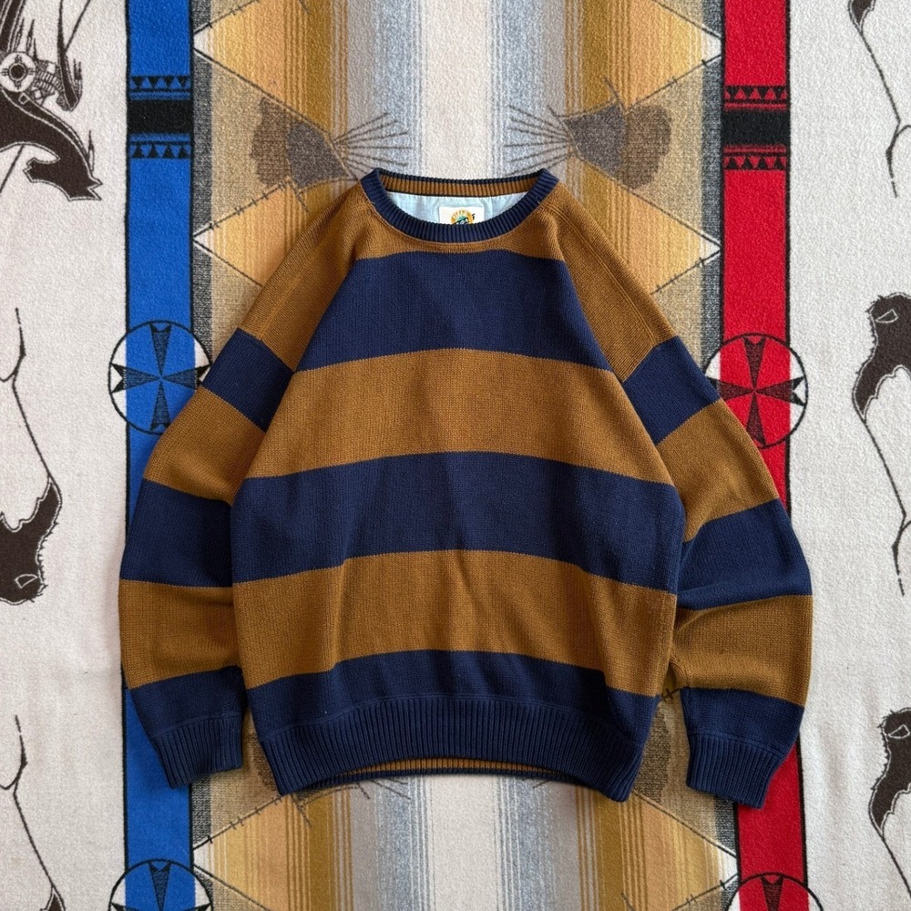 Vintage Field Gear Mens Large Striped Cotton Knit Crewneck Sweater Brown Navy